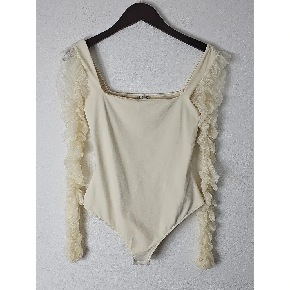 free people intimately Ivory Square Neck Sheer‎ Sleeves Size S